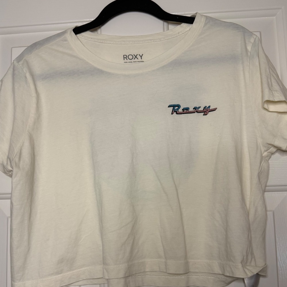 Roxy Womens Cream Graphic Crop Top Tee Retro Palm Tree Logo Size Medium